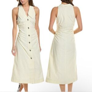 Ganni Seersucker Stripe Midi Dress Stripe Flan Size 14 Yellow